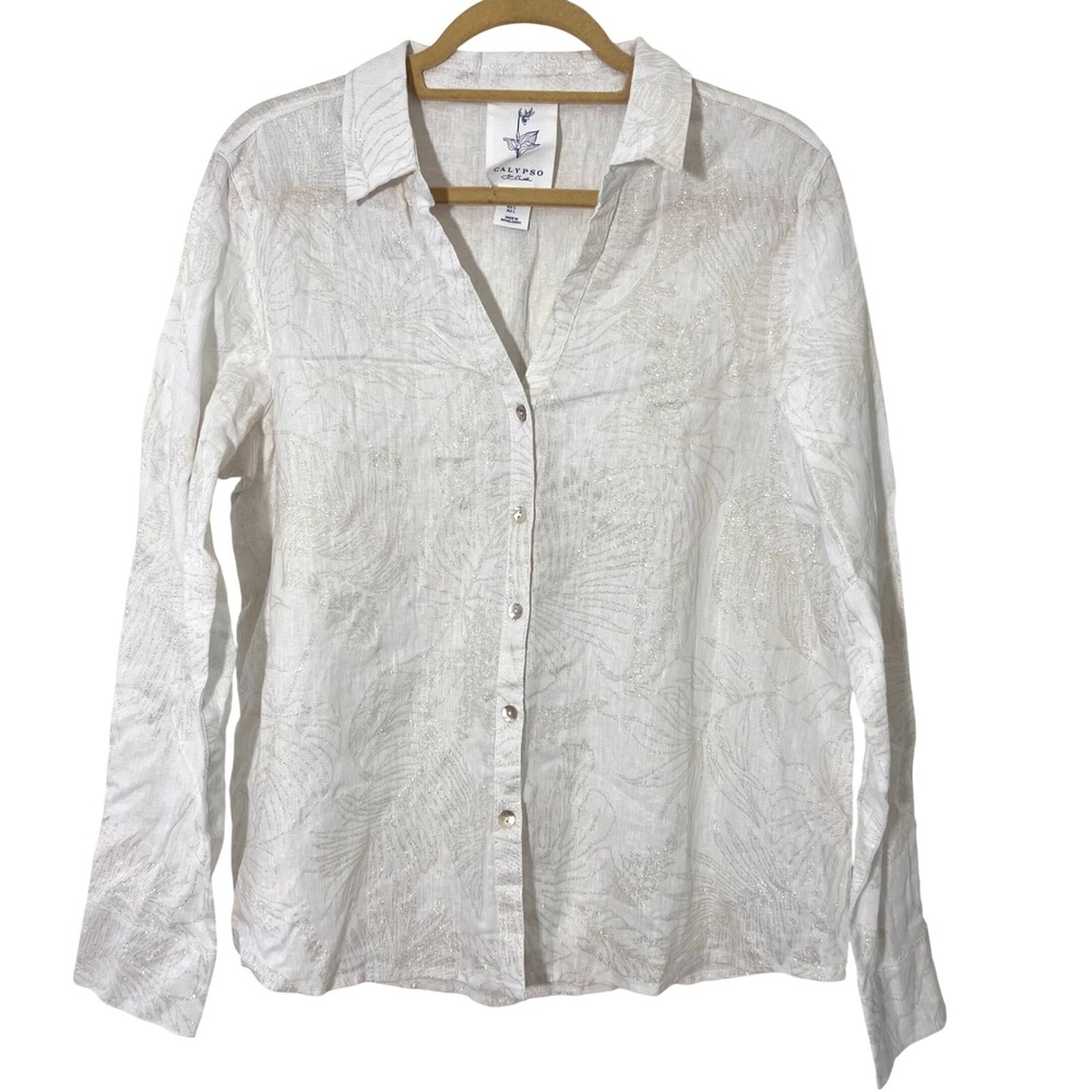 Calypso St Barth Button Up Shirt Size L Linen Metallic Preppy Old Money Coastal
